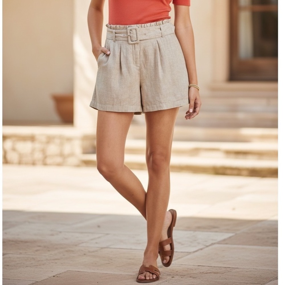 Vineyard‎ Vines Khaki Belted Lined Linen Paperbag Waist Shorts Quiet Luxury 4